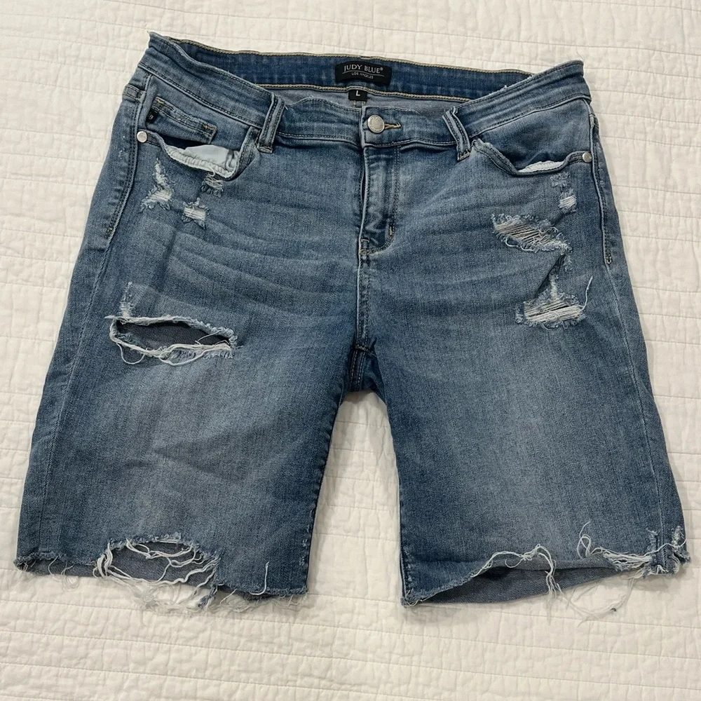 Judy Blue Ripped Blue Jean Shorts - Picture 1 of 3